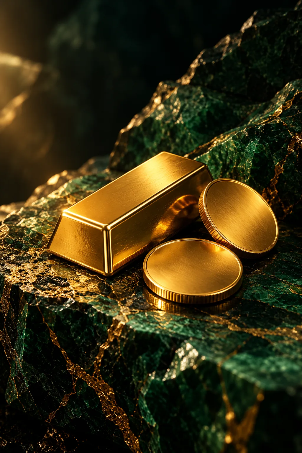 A gold bar and two coins resting on dark green stone